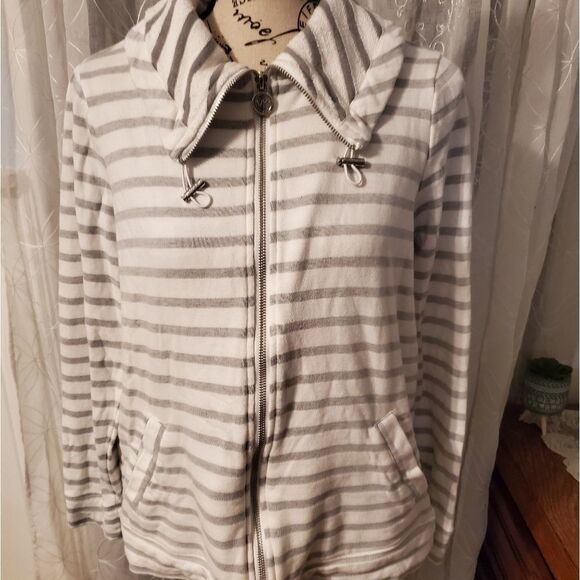 Michael Kors gray & white striped zip up jacket sz med - Picture 1 of 7